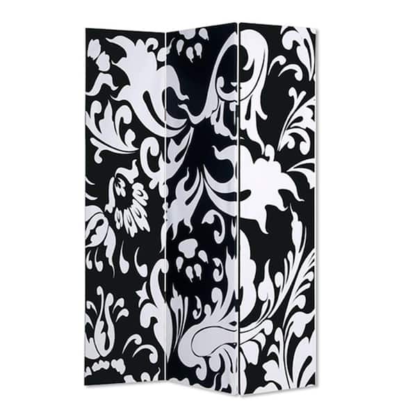 Benjara Black and White 3-Panel Foldable Room Divider with Filigree Design