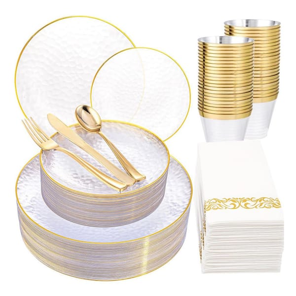 175-Piece Clear And Gold Plastic Dinnerware Set, Hammered Pattern Plates, Cups, Cutlery And Napkins For 25 Guests