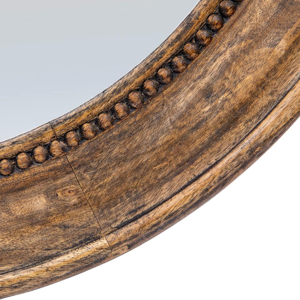 Walnut Round Carved Wood Framed Wall Mirror with Hobnail Detail