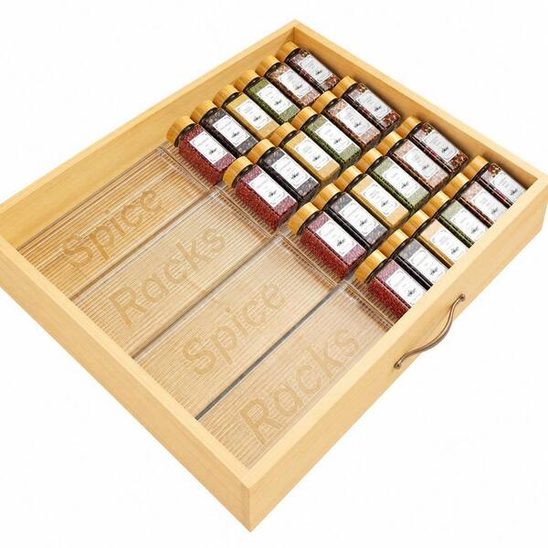 24-Piece Glass Spice Jar Set with Bamboo Lids, 2-Pack Expandable Acrylic Drawer Organizer and 355 Labels