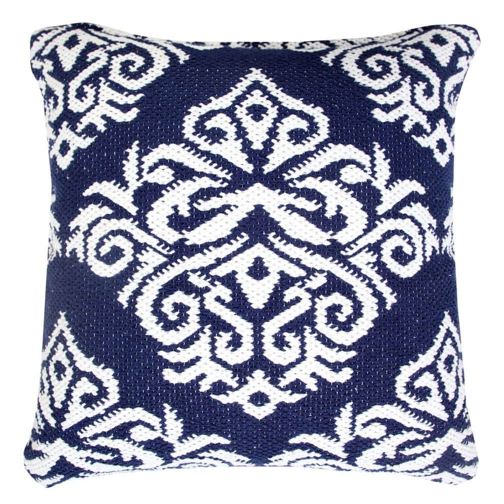 Blue and White Cotton Damask Square Throw Pillow Set