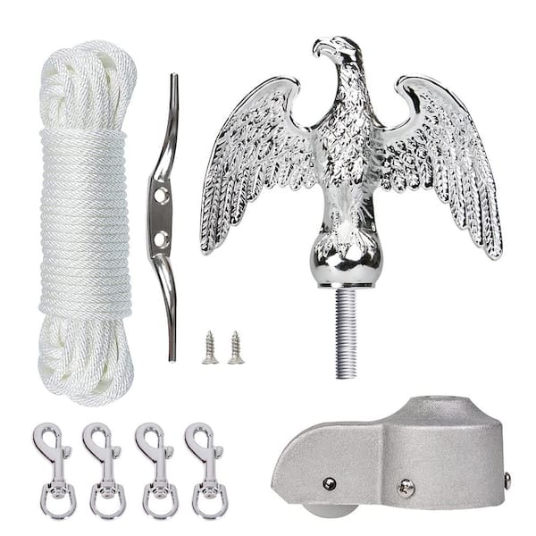 Angel Sar 50 ft. White Nylon Flagpole Halyard Rope Kit with 7 in. Silver Eagle Topper, Swivel Snap Clips, Flagpole Truck and Cleat