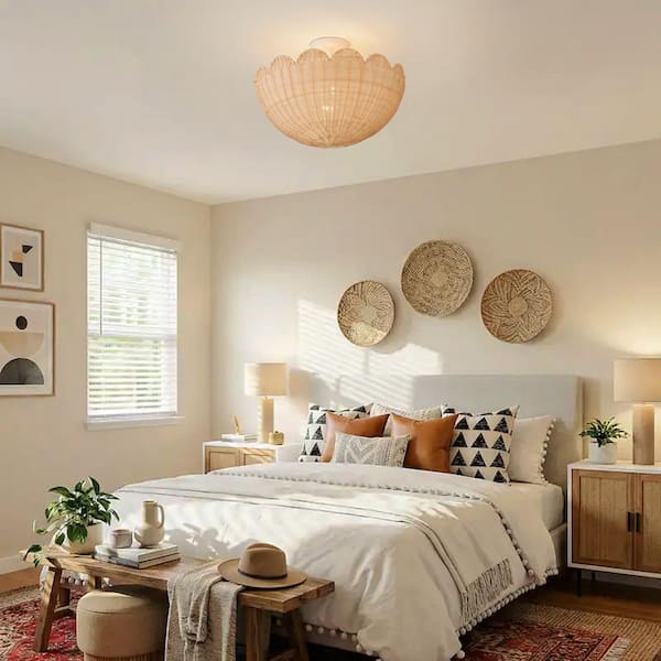 Ravia 17.7 in. 2-Light Bowl Matte White Farmhouse Semi-Flush Mount Scalloped Woven Rattan for Living Room Foyer