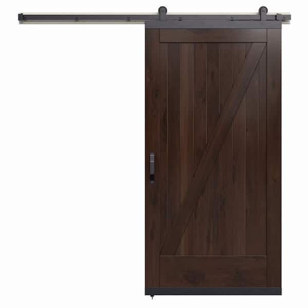 JELD-WEN 36 in. x 80 in. Karona Z Design Chocolate Stained Rustic Walnut Wood Sliding Barn Door with Hardware Kit
