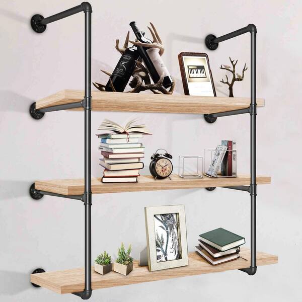 Cubilan 13.4 in. x 30 in. x 40.3 in. Black Wood Decorative Wall Shelves with Brackets
