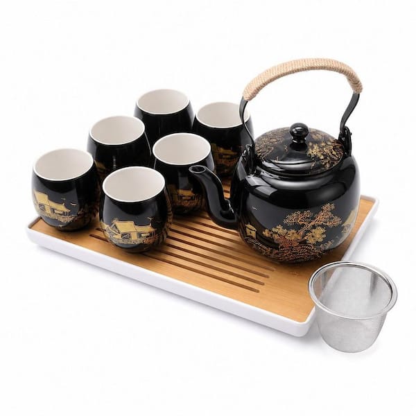 6-Cup Black Japanese Beautiful Asian Porcelain Tea Set with 1 Teapot, 6 Tea Cups, 1 Tea Tray and 1 Stainless Infuser