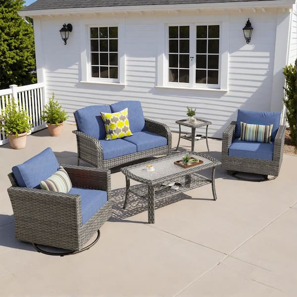 Missisi Gray 5-Piece Wicker Patio Conversation Set with Denim Blue Cushions and Swivel Chairs