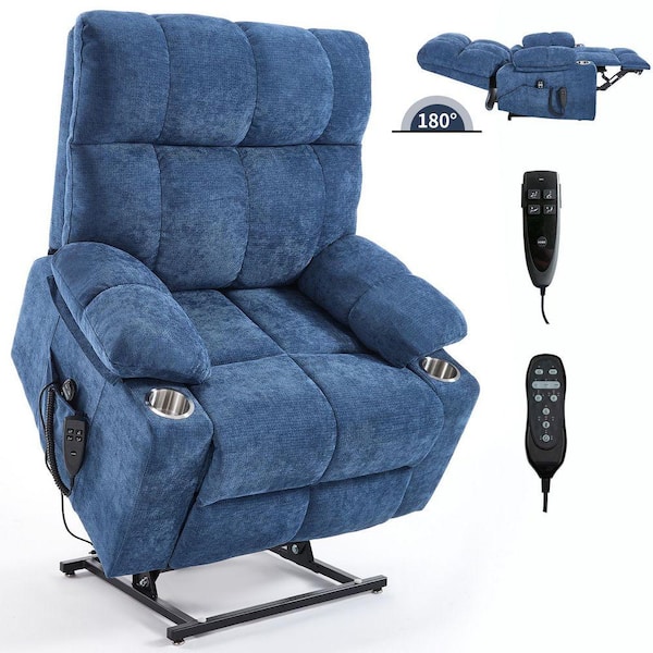 LUCKY ONE Blue Dual-Motor Chenille Power Lift Recliner with 8