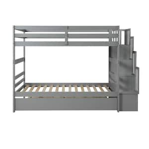 Gray Twin Over Twin Bunk Bed with Twin Size Trundle, Staircase and Guardrails, Can be Divided into 3 Individual Beds