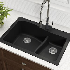 Quarza Black Granite Composite 33 " 60/40 Double Bowl Drop-In/Undermount Kitchen Sink with WasteGuard Garbage Disposal
