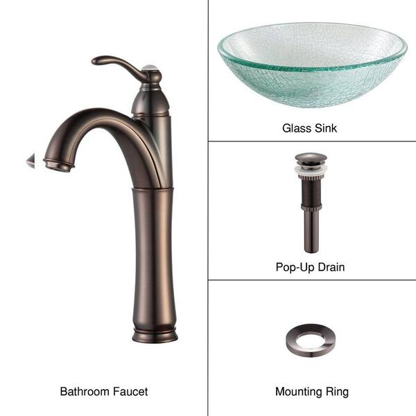 KRAUS Broken Glass Vessel Sink in Clear with Single Hole Single-Handle High-Arc Riviera Faucet in Oil Rubbed Bronze
