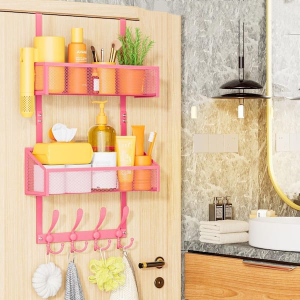 Over The Door Hooks Organizer, 3-Tier Pink Stainless Steel Door Storage Hanger with Mesh Basket for Pantry Organizers