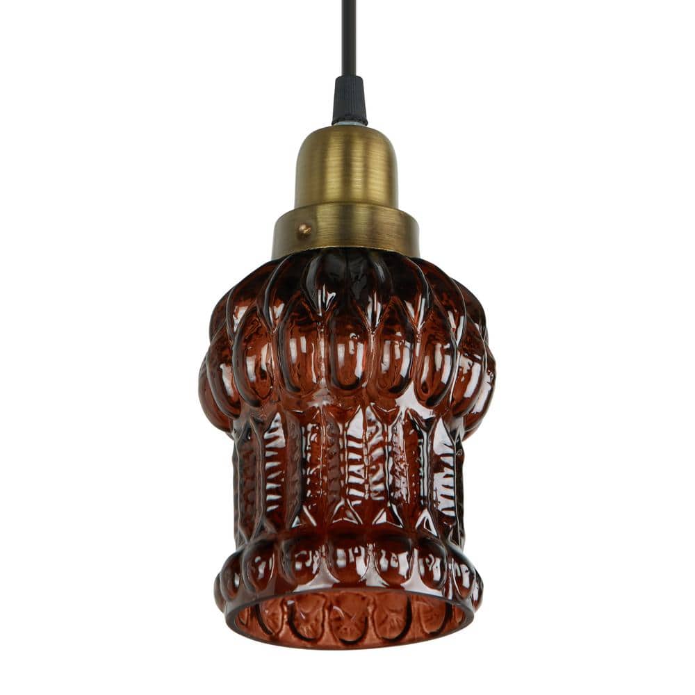 Brown Textured Glass and Gold Metal Pendant Light