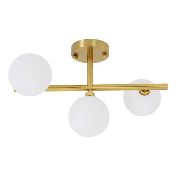 OUKANING 17.72 in. 3-Light Gold Modern Semi-Flush Mount Ceiling Light with White Globe Glass Shade and No Bulbs Included