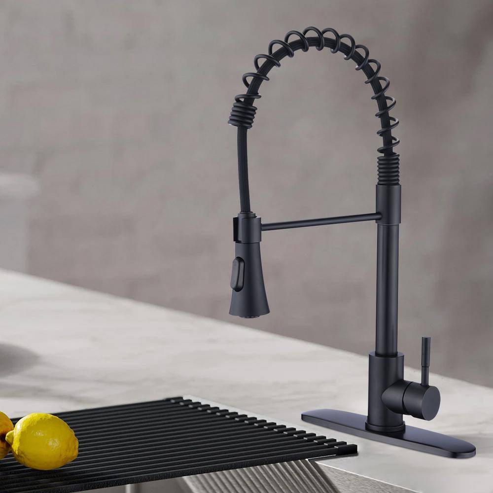 Matte Black Stainless Steel Pull-Down Kitchen Faucet with Deck Plate