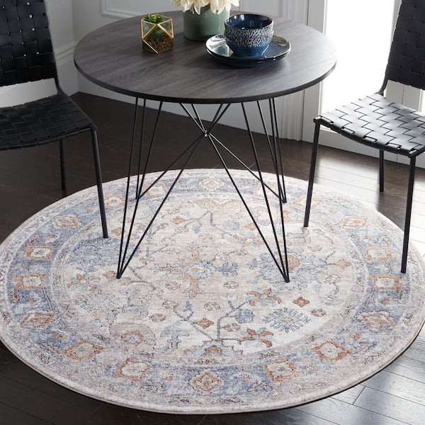 Jasmine 5 ft. x 5 ft. Ivory/Blue Distressed Floral Round Area Rug