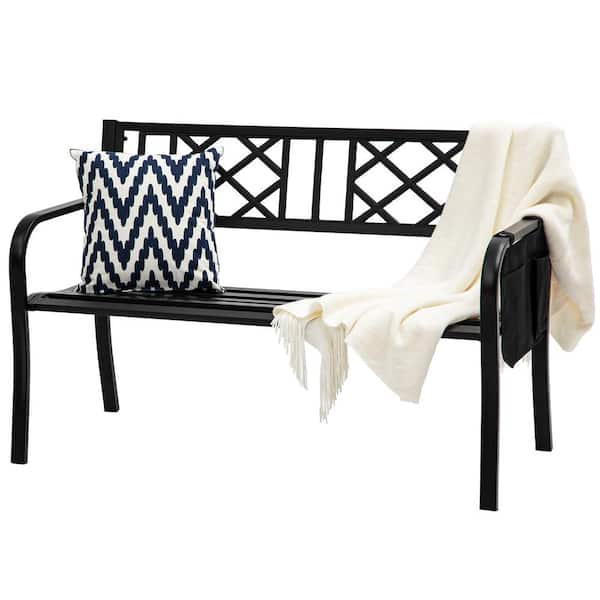 DEXTRUS 50 in. Metal Outdoor Garden Bench Rhombus Pattern with Cup Holder