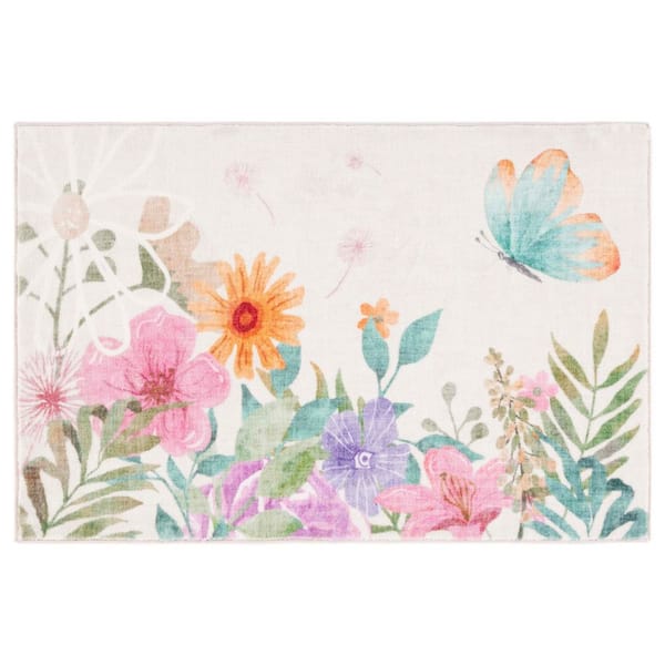 SAFAVIEH Door And Kitchen Mat Ivory/Pink 2 ft. x 4 ft. Machine Washable Floral Garden Area Rug