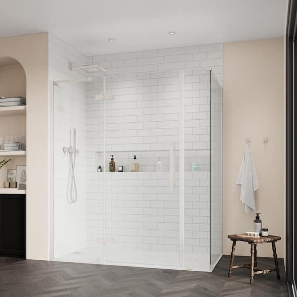 OVE Decors Tampa 60 13/16 in. W x 72 in. H Rectangular Pivot Frameless Corner Shower Enclosure in Satin Nickel