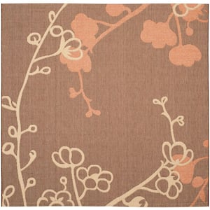 Courtyard Brown Natural/Terracotta 7 ft. x 7 ft. Square Floral Indoor/Outdoor Patio  Area Rug