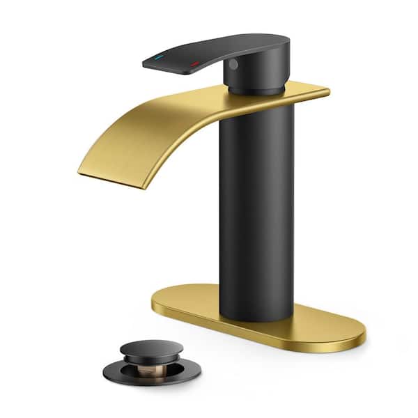 Waterfall Single Hole Single Handle Bathroom Vanity Faucet with Deck plate and Pop-Up Drain Included in Black Gold