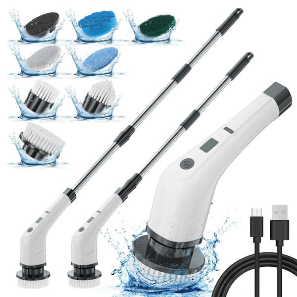 Cordless Electric Spin Scrubber, 2-Speeds, 7-Replaceable Brush Heads Short Handle, White, Portable Carpet Cleaner