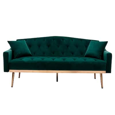 65 in Green Velvet Upholstered Tufted Convertible Sofa Bed with Golden Metal Legs