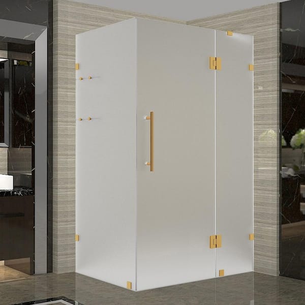Aston Avalux GS 44 in. x 36 in. x 72 in. Rectangular Pivot Frameless Corner Shower Enclosure Brushed Gold with Frosted Glass