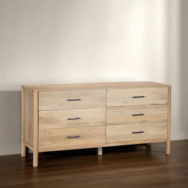 THE URBAN PORT Geti Natural Oak White 6 Drawers 66.2 in. Wide Mango Wood Dresser Handcrafted with Black Handles