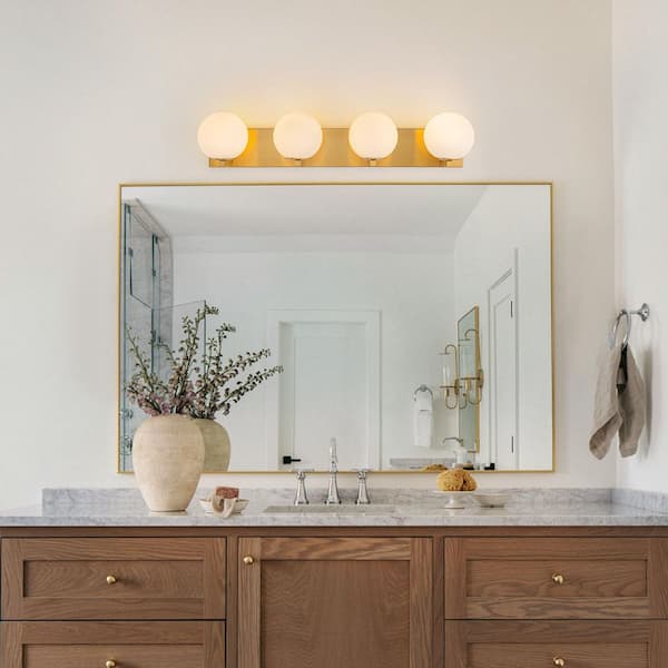 Lucie 29.5 in. 4-Light Brass Mid-Century Modern Bathroom Bar Vanity Light with Milk Opal Glass Shades