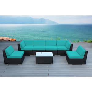 Ohana Black 7-Piece Wicker Patio Seating Set with Sunbrella Aruba Cushions