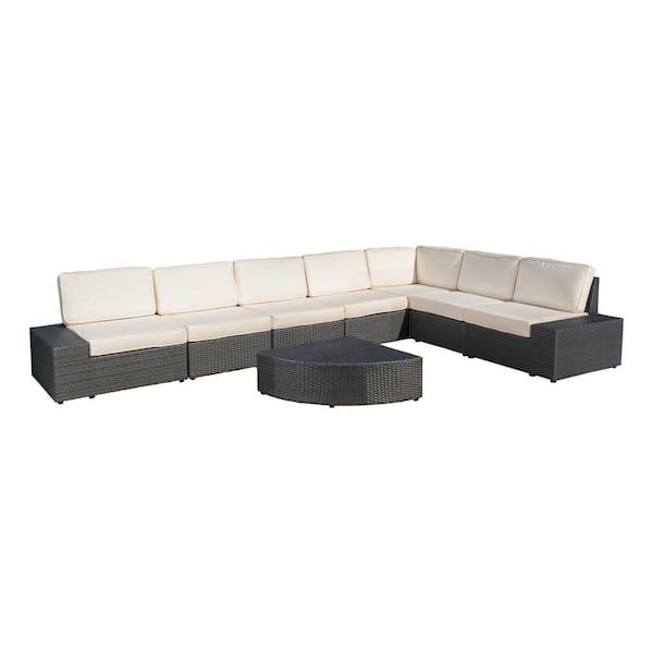 Noble House 8-Piece Wicker Patio Sectional Seating Set with White Cushions