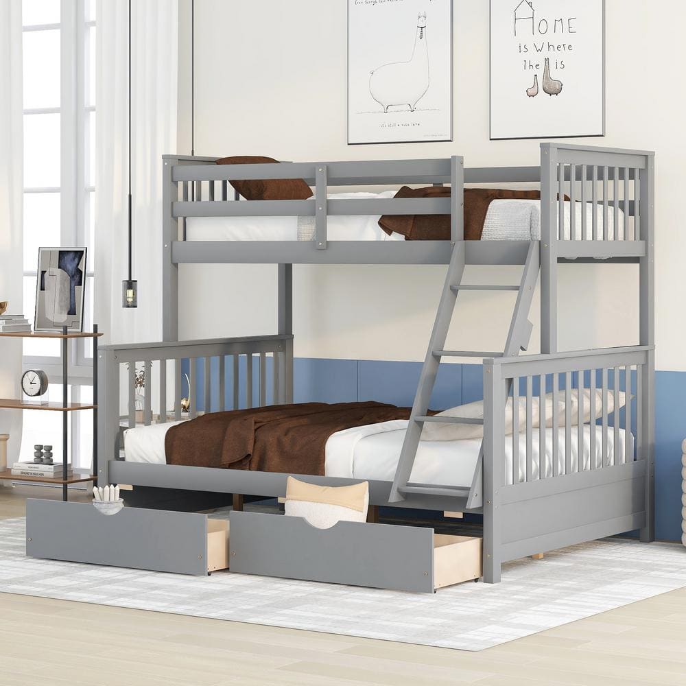 URTR Gray Twin Over Full Bunk Bed with Two Drawers, Solid Wood Bunk Bed  Frame, Can be Converted Into 2 Separate Beds T-01612-E - The Home Depot