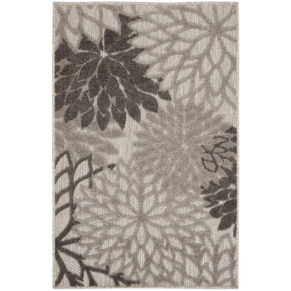 Nourison Aloha Silver Grey 3 ft. x 5 ft. Floral Contemporary Indoor Outdoor Kitchen Area Rug