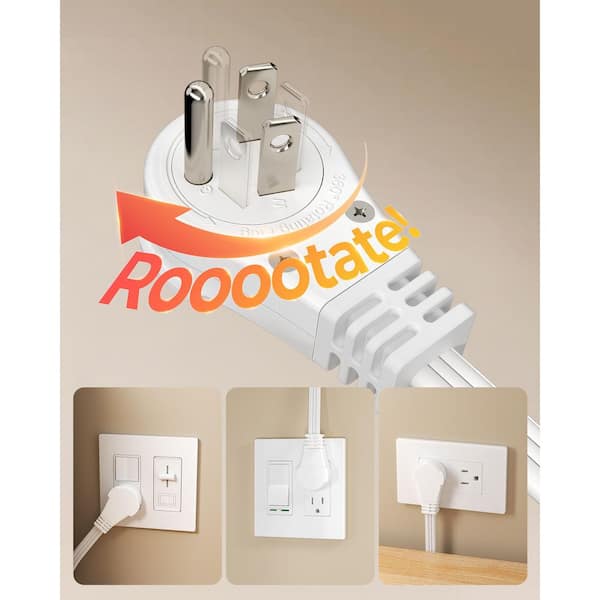 15ft. SPT-3, 16 Awg Grounded Flat Power Cable, Indoor/Outdoor Extension Cord with 3Prong Ultra Thin Power Strip,White