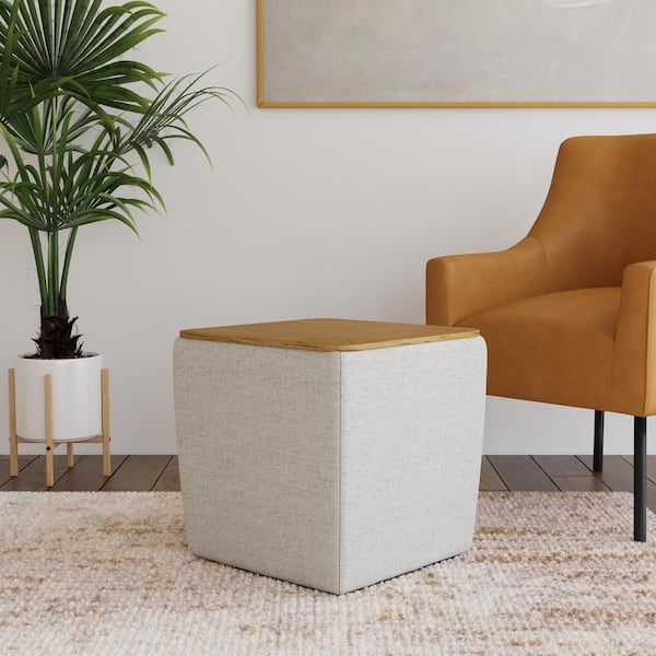 Gray Woven Polyester Square Storage Ottoman with Wood Top