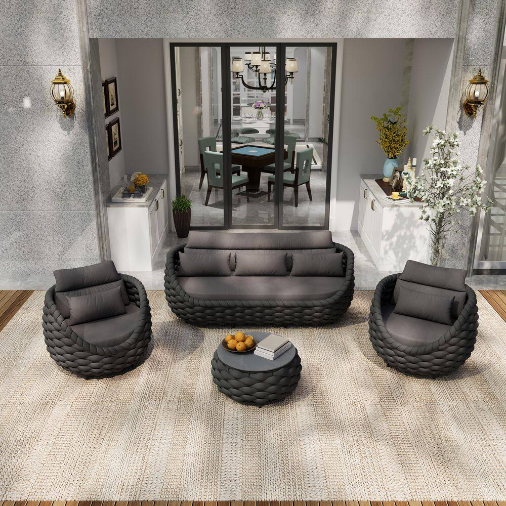 4-Piece Black Aluminum Polyester Woven Rope Outdoor Sectional Set 3-Seater Sofa with Dark Grey Cushions price history on PriceWatchPro