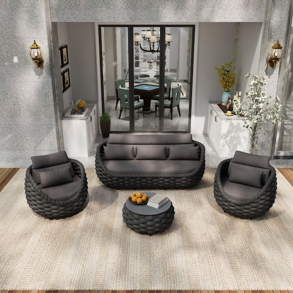 4-Piece Black Aluminum Polyester Woven Rope Outdoor Sectional Set 3-Seater Sofa with Dark Grey Cushions