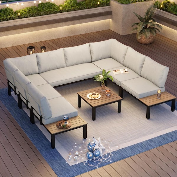 PHI VILLA 8 -Seat 8-Piece Metal Outdoor Patio Conversation Sectional -Seating Set with Light Gray Cushions and Coffee Table