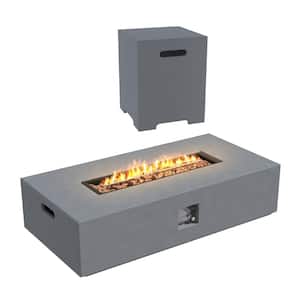 56 in. x 28 in. Rectangular Concrete Propane Outdoor Fire Pit with Lava Rocks in Light Gray