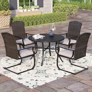 Black 5-Piece Metal Patio Outdoor Dining Sets with Stamped Round Table and C-Spring Rattan Chairs with Beige Cushion