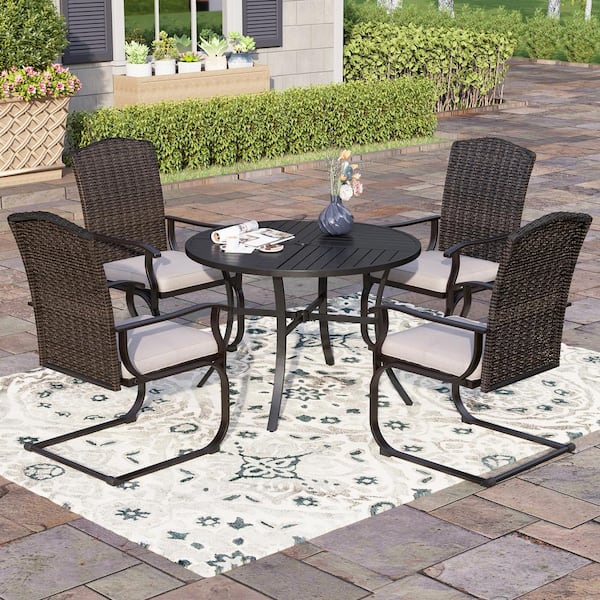 PHI VILLA Black 5-Piece Metal Patio Outdoor Dining Sets with Stamped Round Table and C-Spring Rattan Chairs with Beige Cushion