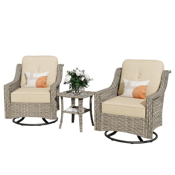 Eureka Grey 3-Piece Wicker Outdoor Patio Conversation Swivel Rocking Chair Seating Set with Beige Cushions