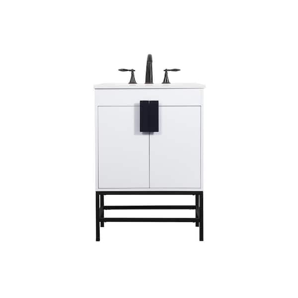 Unbranded Simply Living 24 in. W x 19 in. D x 33.5 in. H Bath Vanity in White with Ivory White Engineered Marble Top