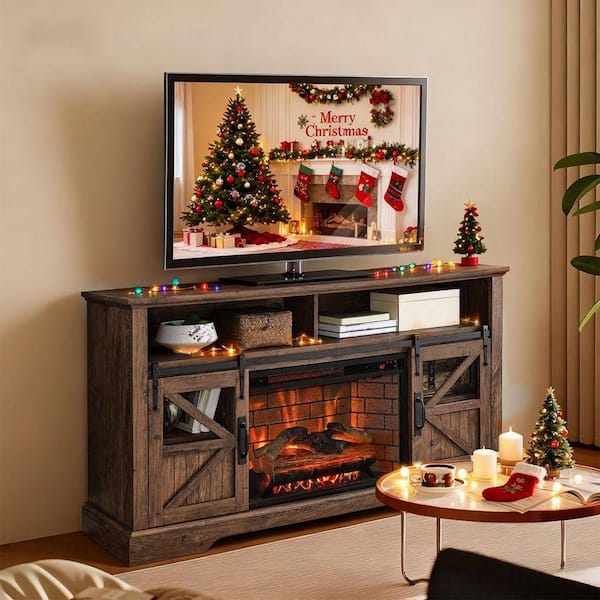 60 in. Freestanding Electric Fireplace TV Stand With Door Sensor in Brown