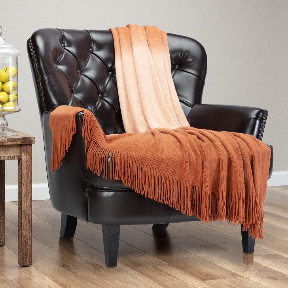 Caramel Gradient Ombre Knitted Faux Fur Throw Blanket with Tassels