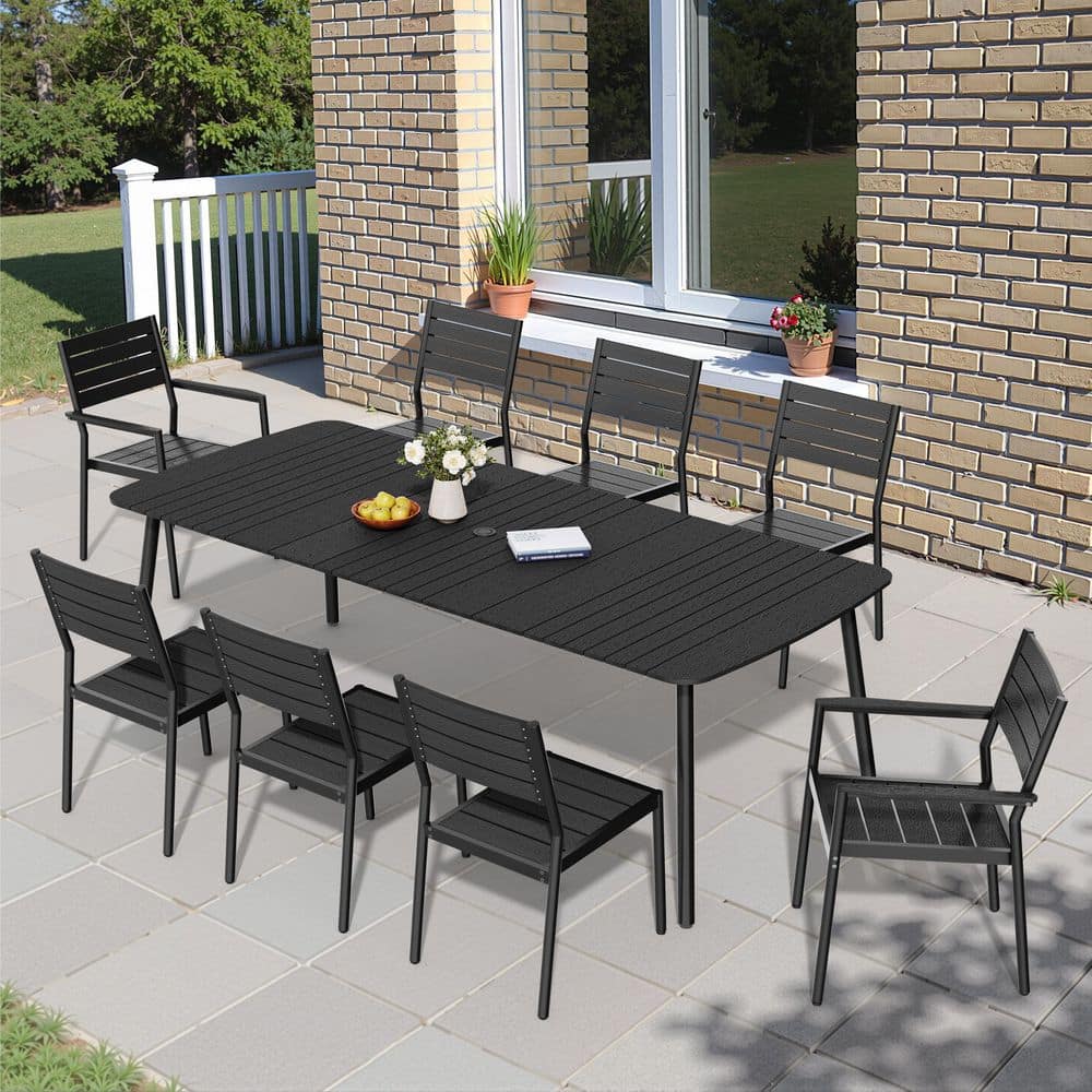 9-Piece 92.9 in. Black Aluminum Patio Outdoor Dining Set, Rectangle Table with Umbrella Hole and Stacking Chairs price history on PriceWatchPro