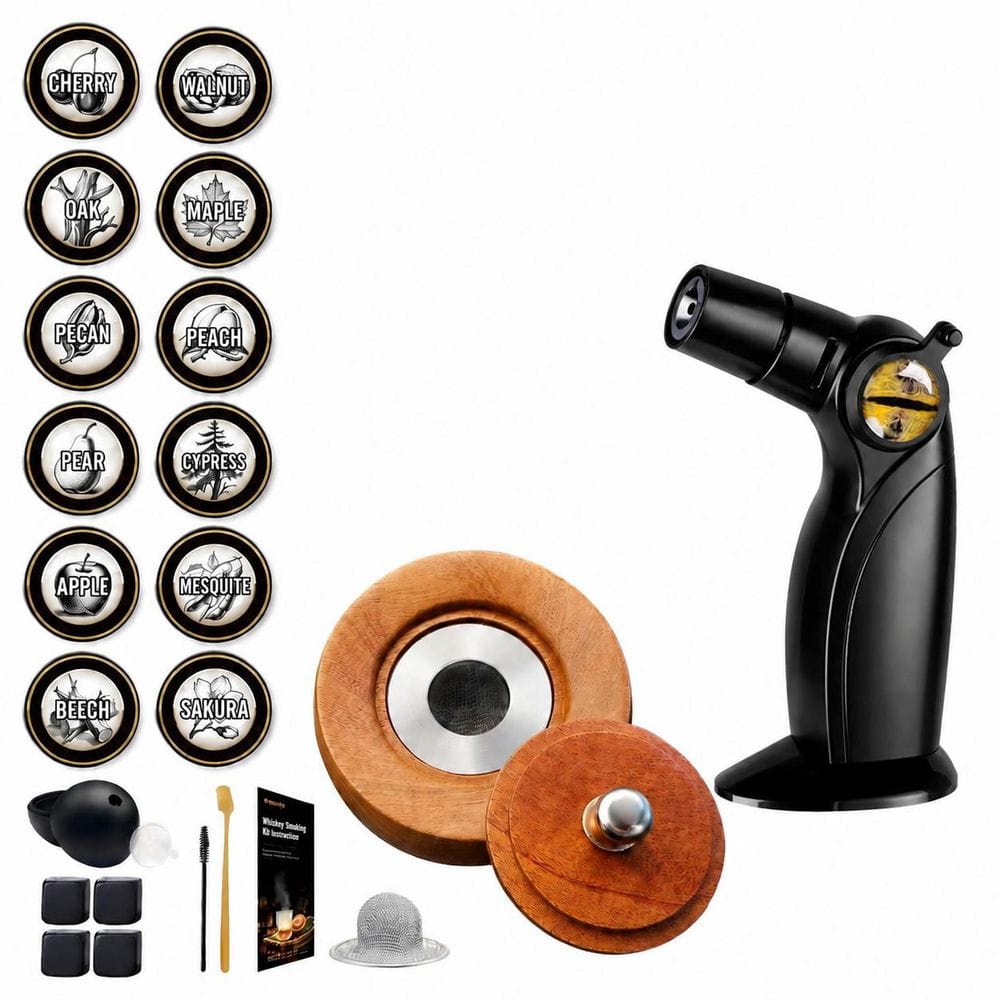 22-Piece Black Oak Wood Cocktail Smoker Kit with Torch, 12 Wood Chips, Ice Mold and Accessories