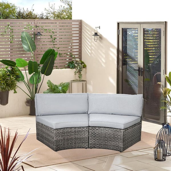 2 Pieces Wicker Grey Outdoor Half-Moon Curved Sectional Sofa Set with Grey Cushions