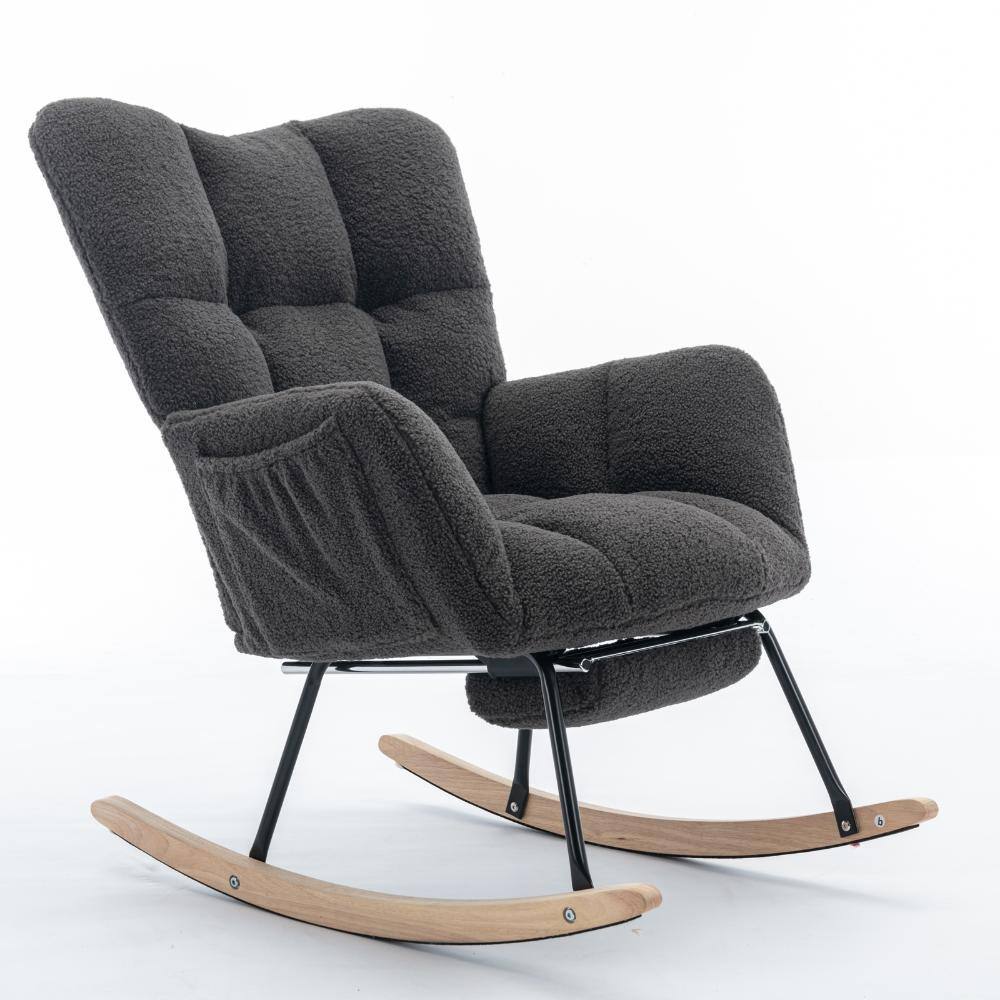Dark Gray Teddy Fabric Rocking Arm Chair with Adjustable Footstool, High Backrest, Storage Pocket, Solid Wood & Metal